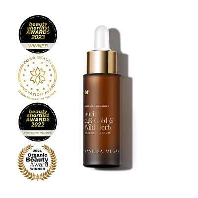 Award Winning Natural Face Serum. Buy Vanessa Megan Auric 24K Gold Wild Herb Radiance Serum 30ml at One Fine Secret. Natural & Organic Skincare Clean Beauty Store in Melbourne, Australia.