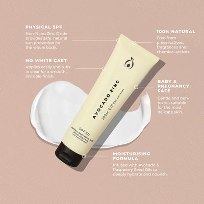 Buy Avocado Zinc SPF 30 Natural Body Sunscreen 200ml at One Fine Secret Clean Beauty.