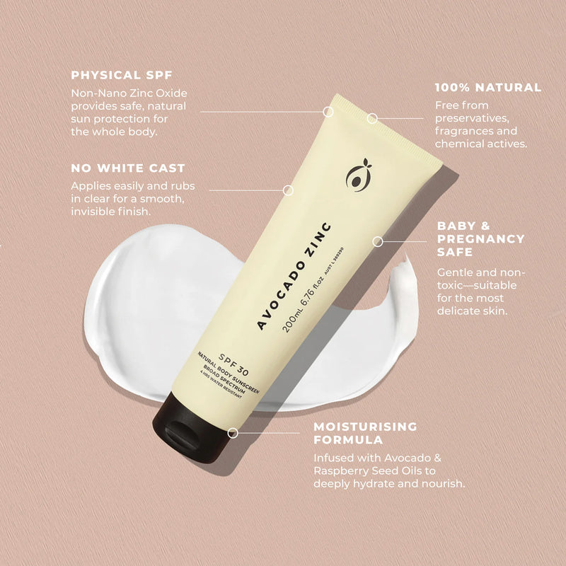 Buy Avocado Zinc SPF 30 Natural Body Sunscreen 200ml at One Fine Secret Clean Beauty.