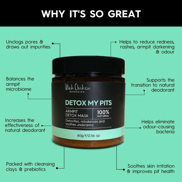 Buy Black Chicken Remedies Detox My Pits Armpit Detox Mask 60g at One Fine Secret. Natural & Organic Skincare Clean Beauty Store in Melbourne, Australia.