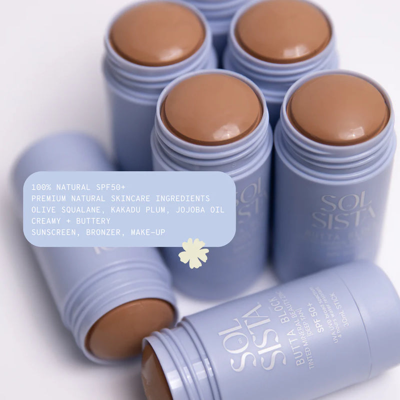Buy Sol Sista Butta Block Tinted Mineral Beauty Zinc SPF 50+ in Deep Tan shade at One Fine Secret.