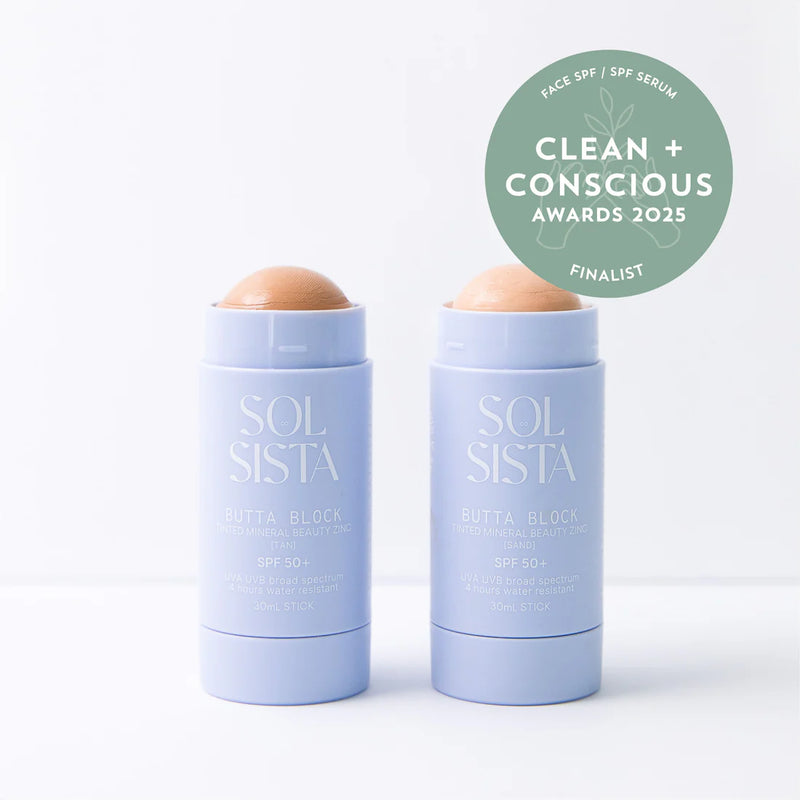 Sol Sista Butta Block Tinted Mineral Beauty Zinc SPF 50+ available in two colours - Sand & Tan - at One Fine Secret