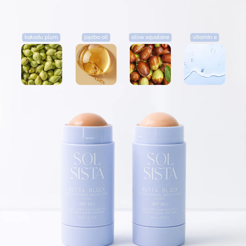 Sol Sista Butta Block Tinted Mineral Beauty Zinc SPF 50+ available in two colours - Sand & Tan - at One Fine Secret