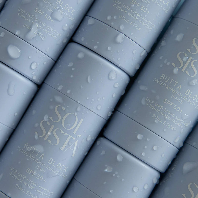 Sol Sista Butta Block Tinted Mineral Beauty Zinc SPF 50+ available in two colours - Sand & Tan - at One Fine Secret