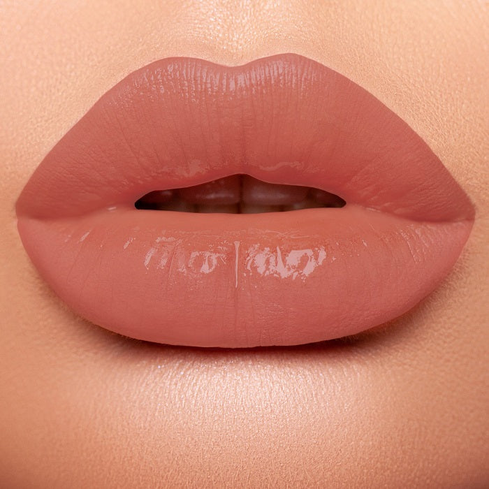 Colour swatch on lips - Karen Murrell Natural Lipstick in Determined colour.