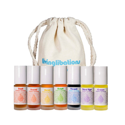 Buy Living Libations Seven Chakra Synergies Set in Drawstring Bag at One Fine Secret. Natural & Organic Clean Beauty Store in Melbourne, Australia.