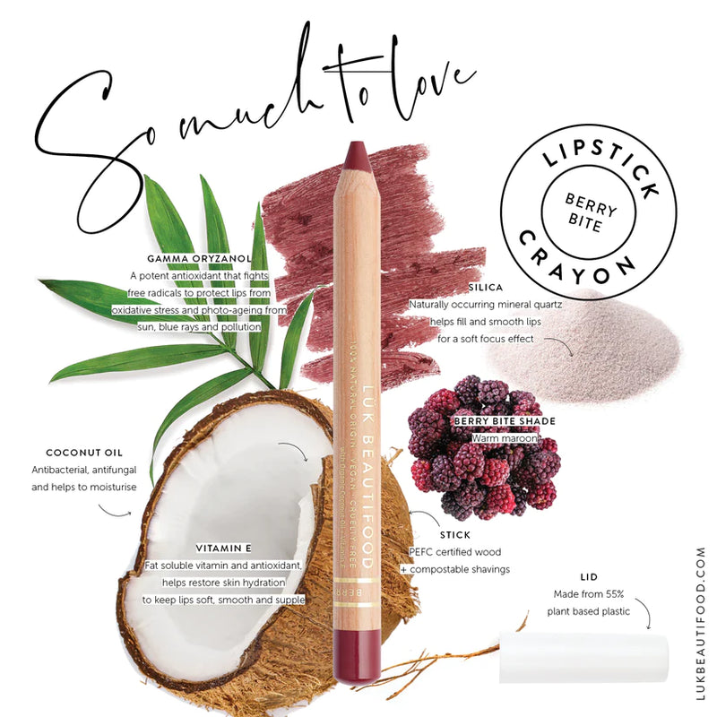 Buy Luk Beautifood Lip Crayon 3g in Berry Bite (rich red brown) colour at One Fine Secret. AU Stockist. Natural & Organic Makeup Clean Beauty Store in Melbourne, Australia.