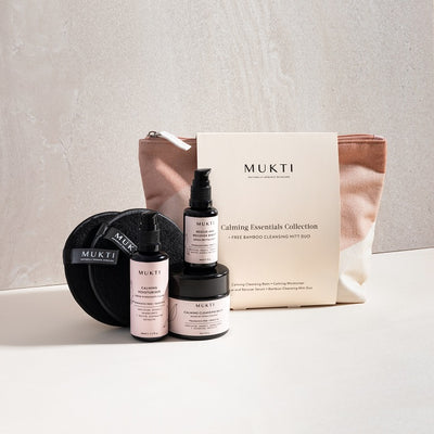Buy Mukti Calming Essentials Collection + Free Cleansing Mitt Duo at One Fine Secret now. Mukti Organics Skincare Official AU Stockist in Melbourne.