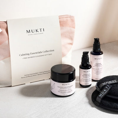 Buy Mukti Calming Essentials Collection + Free Cleansing Mitt Duo at One Fine Secret now. Mukti Organics Skincare Official AU Stockist in Melbourne.