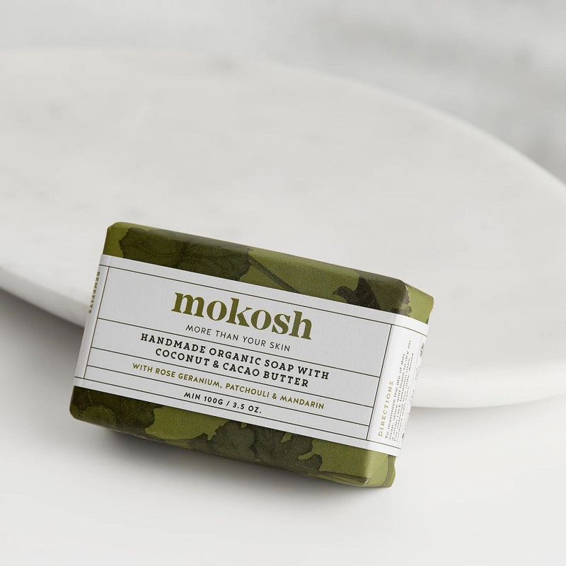 Australian Certified Organic Skincare. Buy Mokosh Organic Soap with Coconut & Cacao Butter - Rose Geranium at One Fine Secret. Clean Beauty Store in Melbourne, Australia.