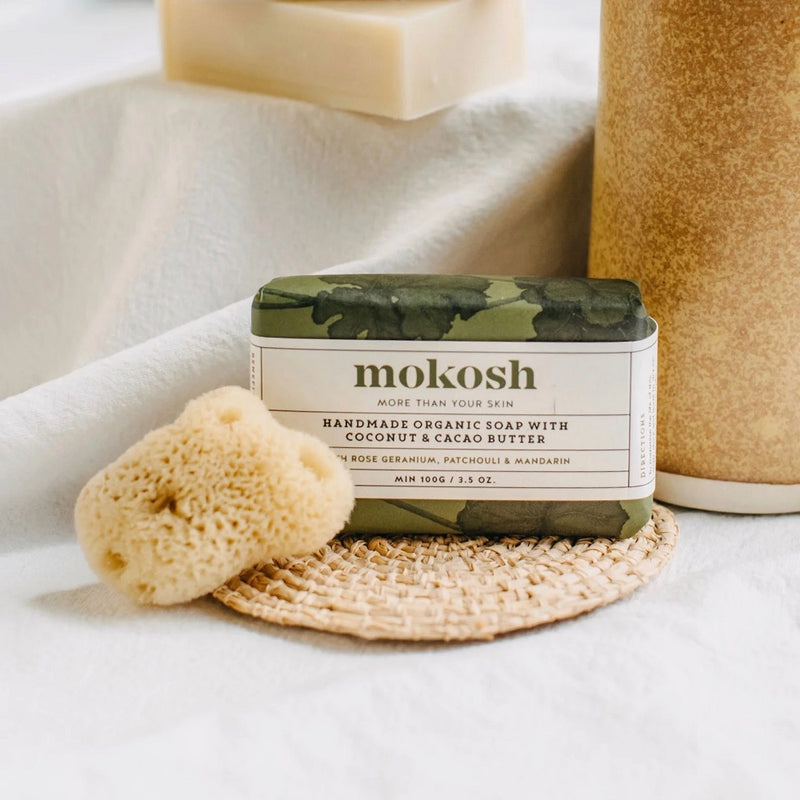 Australian Certified Organic Skincare. Buy Mokosh Organic Soap with Coconut & Cacao Butter - Rose Geranium at One Fine Secret. Clean Beauty Store in Melbourne, Australia.
