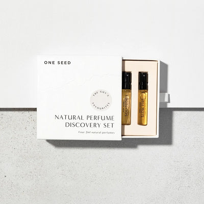 4 Sample Set in a box. Organic, Vegan, Cruelty free & 100% Natural Perfume for Men. One Seed Men's Cologne Fragrance Sample Discovery Set. One Fine Secret Natural & Organic Skincare Makeup Beauty Store Melbourne Australia
