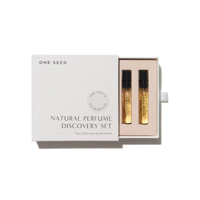 4 Sample Set in a box. Organic, Vegan, Cruelty free & 100% Natural Perfume for Men. One Seed Men's Cologne Fragrance Sample Discovery Set. One Fine Secret Natural & Organic Skincare Makeup Beauty Store Melbourne Australia