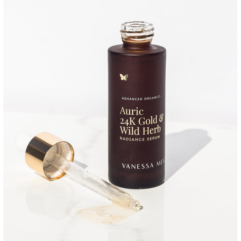 Award Winning Natural Face Serum. Buy Vanessa Megan Auric 24K Gold Wild Herb Radiance Serum 30ml at One Fine Secret. Natural & Organic Skincare Clean Beauty Store in Melbourne, Australia.