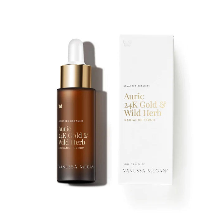 Award Winning Natural Face Serum. Buy Vanessa Megan Auric 24K Gold Wild Herb Radiance Serum 30ml at One Fine Secret. Natural & Organic Skincare Clean Beauty Store in Melbourne, Australia.